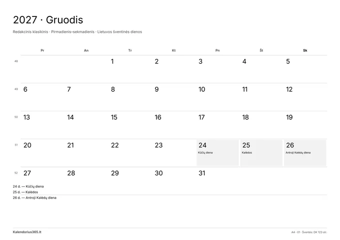 2027 m. gruodžio kalendorius – Redakcinis klasikinis