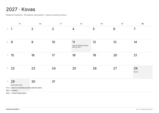 2027 m. kovo kalendorius – Redakcinis klasikinis
