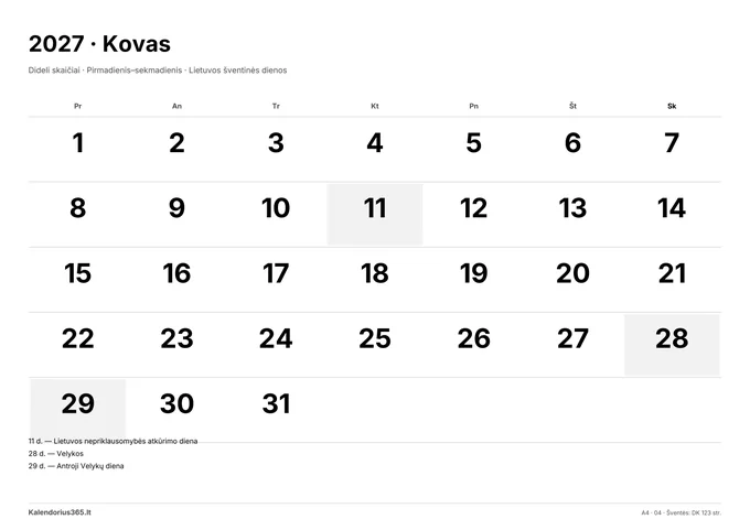 2027 m. kovo kalendorius: Dideli skaičiai su Lietuvos šventinėmis dienomis