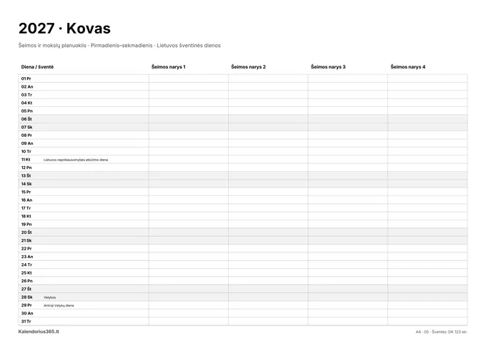 2027 m. kovo kalendorius: Šeimos ir mokslų planuoklis su Lietuvos šventinėmis dienomis