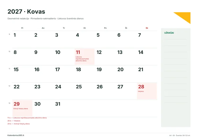 2027 m. kovo kalendorius: Geometrinė redakcija su Lietuvos šventinėmis dienomis