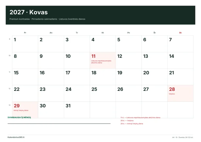 2027 m. kovo kalendorius: Premium kontrastas su Lietuvos šventinėmis dienomis