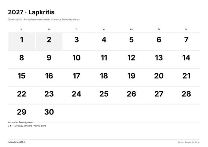 2027 m. lapkričio kalendorius: Dideli skaičiai su Lietuvos šventinėmis dienomis