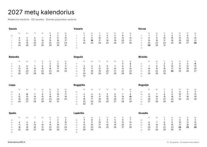 2027 Redakcinis klasikinis – spausdinamas kalendorius