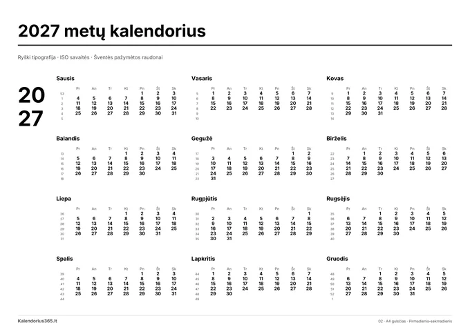 2027 Ryški tipografija – spausdinamas kalendorius