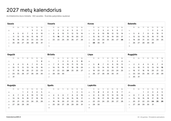 2027 Architektūrinis biuro tinklelis – spausdinamas kalendorius