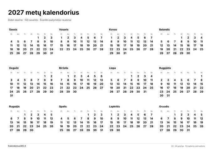 2027 Dideli skaičiai – spausdinamas kalendorius