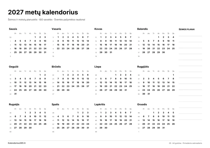 2027 Šeimos ir mokslų planuoklis – spausdinamas kalendorius