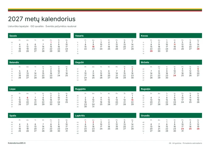 2027 Lietuviška tapatybė – spausdinamas kalendorius