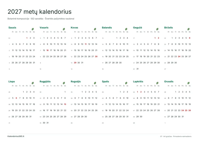 2027 Botaninė kompozicija – spausdinamas kalendorius