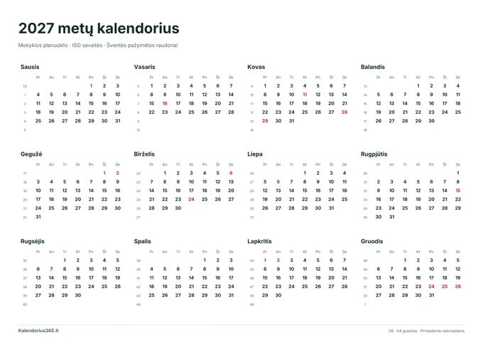 2027 Mokyklos planuoklis – spausdinamas kalendorius