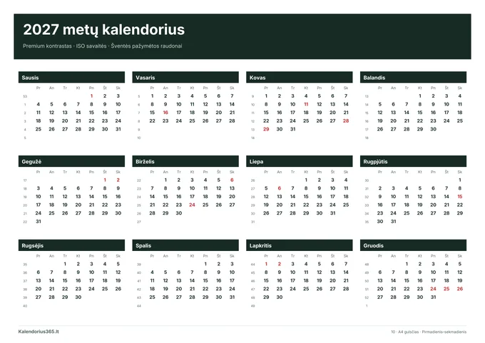 2027 Premium kontrastas – spausdinamas kalendorius