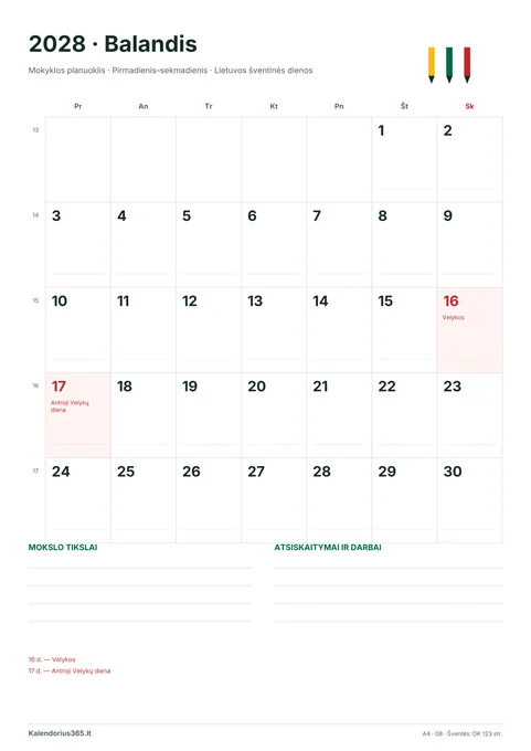 2028 m. balandžio kalendorius: Mokyklos planuoklis su Lietuvos šventinėmis dienomis