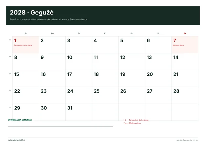 2028 m. gegužės kalendorius: Premium kontrastas su Lietuvos šventinėmis dienomis