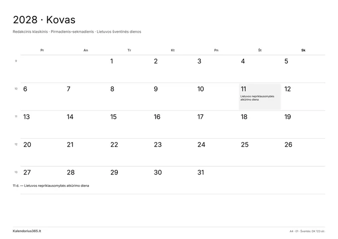 2028 m. kovo kalendorius – Redakcinis klasikinis