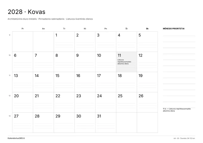 2028 m. kovo kalendorius: Architektūrinis biuro tinklelis su Lietuvos šventinėmis dienomis