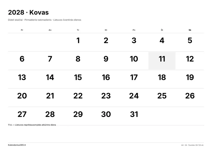 2028 m. kovo kalendorius: Dideli skaičiai su Lietuvos šventinėmis dienomis