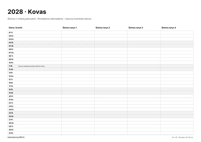 2028 m. kovo kalendorius: Šeimos ir mokslų planuoklis su Lietuvos šventinėmis dienomis