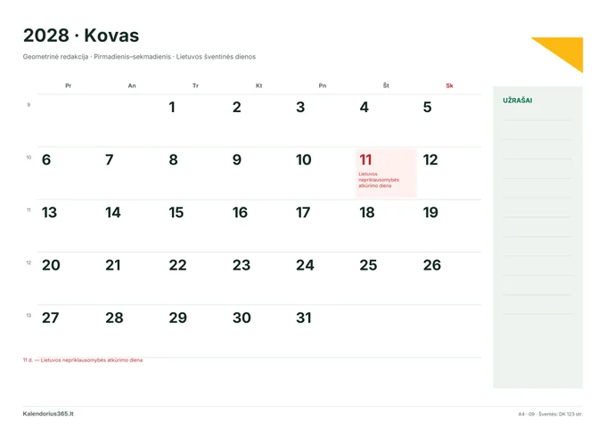 2028 m. kovo kalendorius: Geometrinė redakcija su Lietuvos šventinėmis dienomis