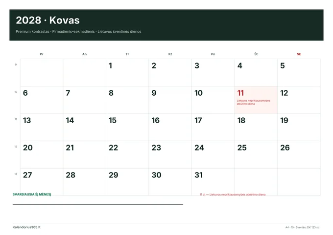 2028 m. kovo kalendorius: Premium kontrastas su Lietuvos šventinėmis dienomis