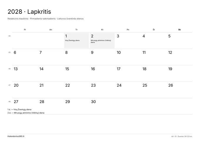 2028 m. lapkričio kalendorius – Redakcinis klasikinis