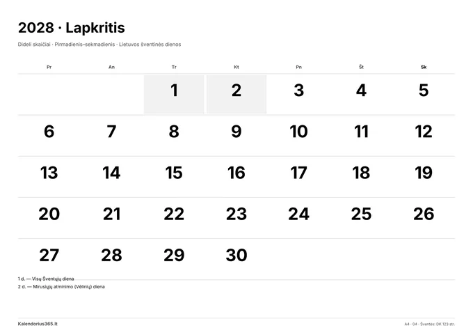 2028 m. lapkričio kalendorius: Dideli skaičiai su Lietuvos šventinėmis dienomis