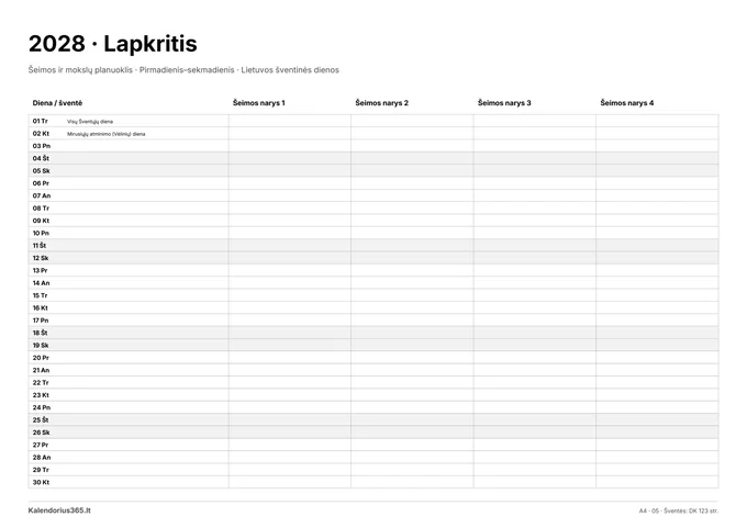2028 m. lapkričio kalendorius: Šeimos ir mokslų planuoklis su Lietuvos šventinėmis dienomis