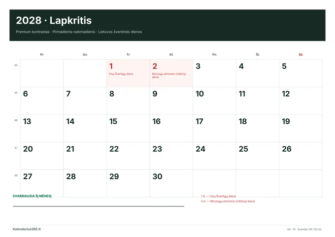 2028 m. lapkričio kalendorius: Premium kontrastas su Lietuvos šventinėmis dienomis