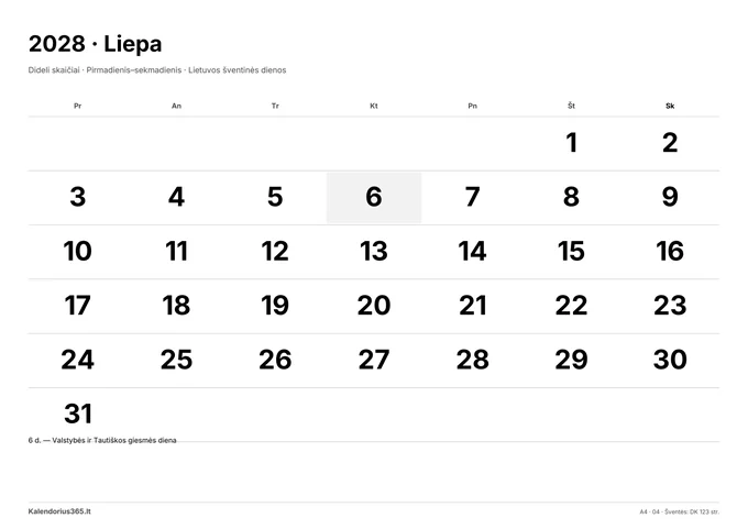 2028 m. liepos kalendorius: Dideli skaičiai su Lietuvos šventinėmis dienomis
