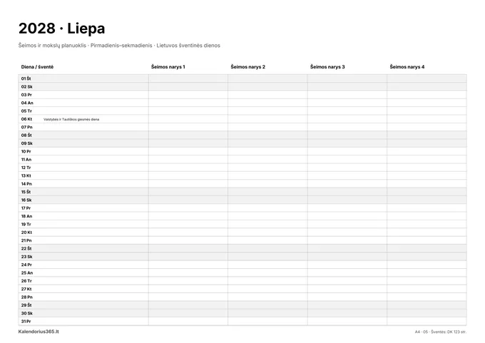 2028 m. liepos kalendorius: Šeimos ir mokslų planuoklis su Lietuvos šventinėmis dienomis