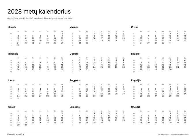 2028 Redakcinis klasikinis – spausdinamas kalendorius