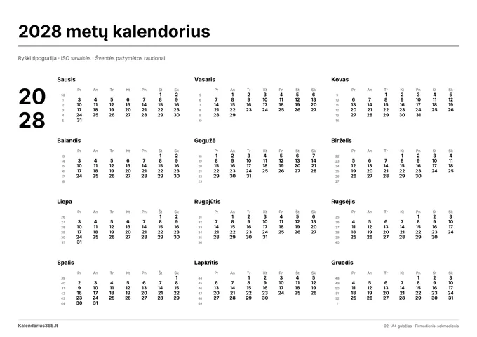 2028 Ryški tipografija – spausdinamas kalendorius