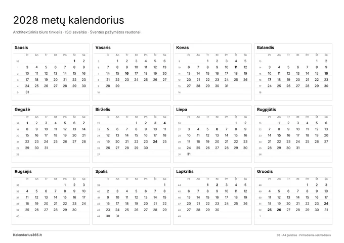 2028 Architektūrinis biuro tinklelis – spausdinamas kalendorius