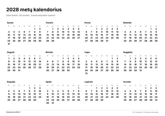 2028 Dideli skaičiai – spausdinamas kalendorius