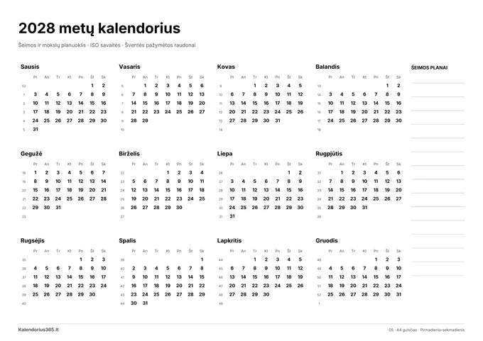 2028 Šeimos ir mokslų planuoklis – spausdinamas kalendorius