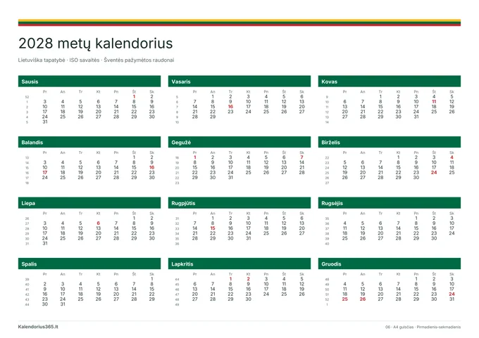 2028 Lietuviška tapatybė – spausdinamas kalendorius