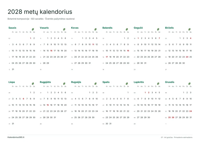 2028 Botaninė kompozicija – spausdinamas kalendorius
