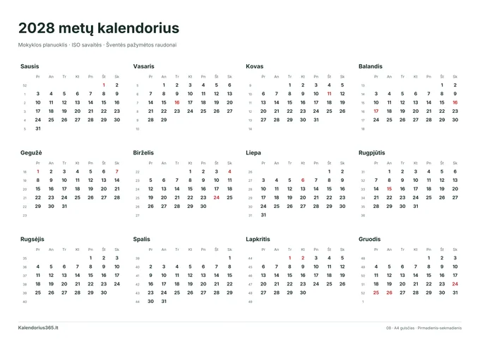 2028 Mokyklos planuoklis – spausdinamas kalendorius