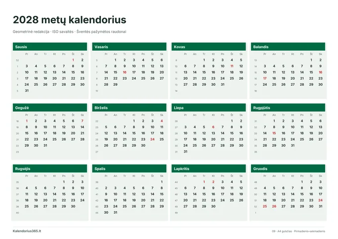 2028 Geometrinė redakcija – spausdinamas kalendorius