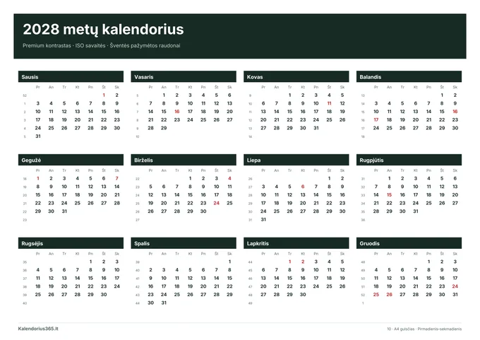 2028 Premium kontrastas – spausdinamas kalendorius