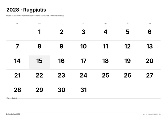 2028 m. rugpjūčio kalendorius: Dideli skaičiai su Lietuvos šventinėmis dienomis