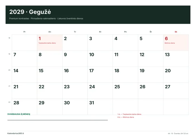 2029 m. gegužės kalendorius: Premium kontrastas su Lietuvos šventinėmis dienomis