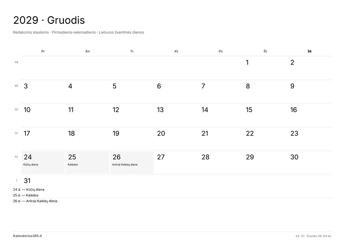 2029 m. gruodžio kalendorius – Redakcinis klasikinis