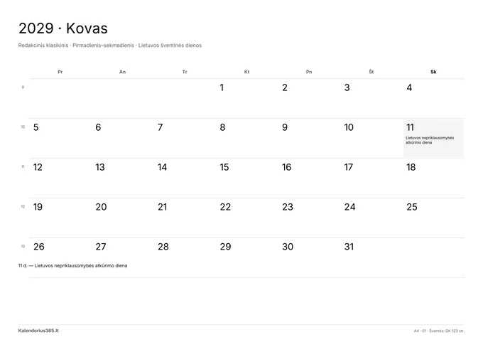 2029 m. kovo kalendorius: Redakcinis klasikinis su Lietuvos šventinėmis dienomis
