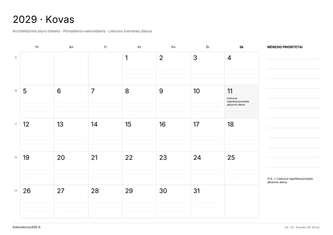 2029 m. kovo kalendorius: Architektūrinis biuro tinklelis su Lietuvos šventinėmis dienomis