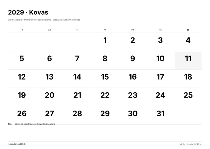 2029 m. kovo kalendorius: Dideli skaičiai su Lietuvos šventinėmis dienomis