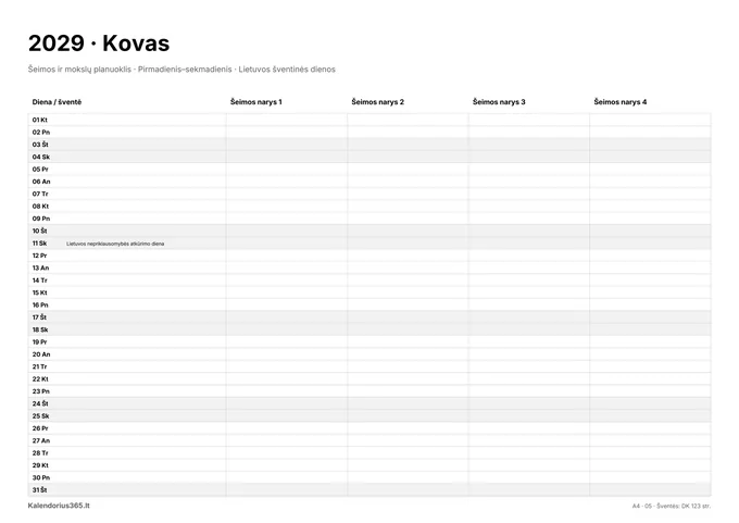 2029 m. kovo kalendorius: Šeimos ir mokslų planuoklis su Lietuvos šventinėmis dienomis