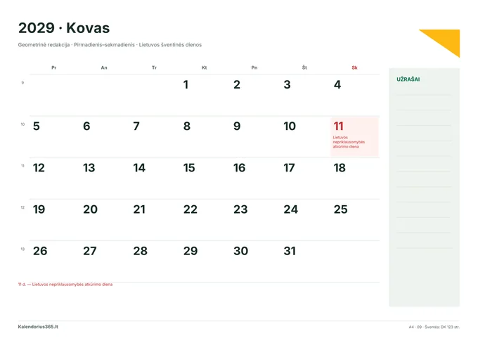 2029 m. kovo kalendorius: Geometrinė redakcija su Lietuvos šventinėmis dienomis