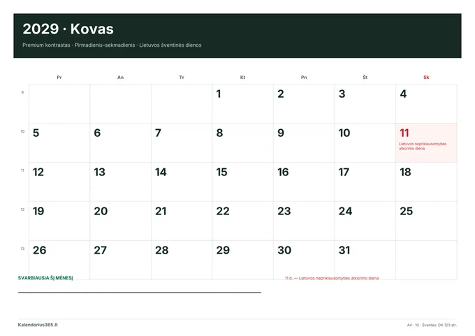 2029 m. kovo kalendorius: Premium kontrastas su Lietuvos šventinėmis dienomis