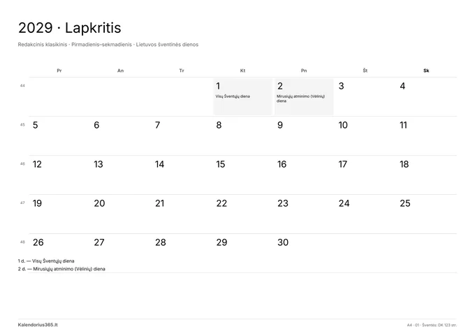 2029 m. lapkričio kalendorius – Redakcinis klasikinis